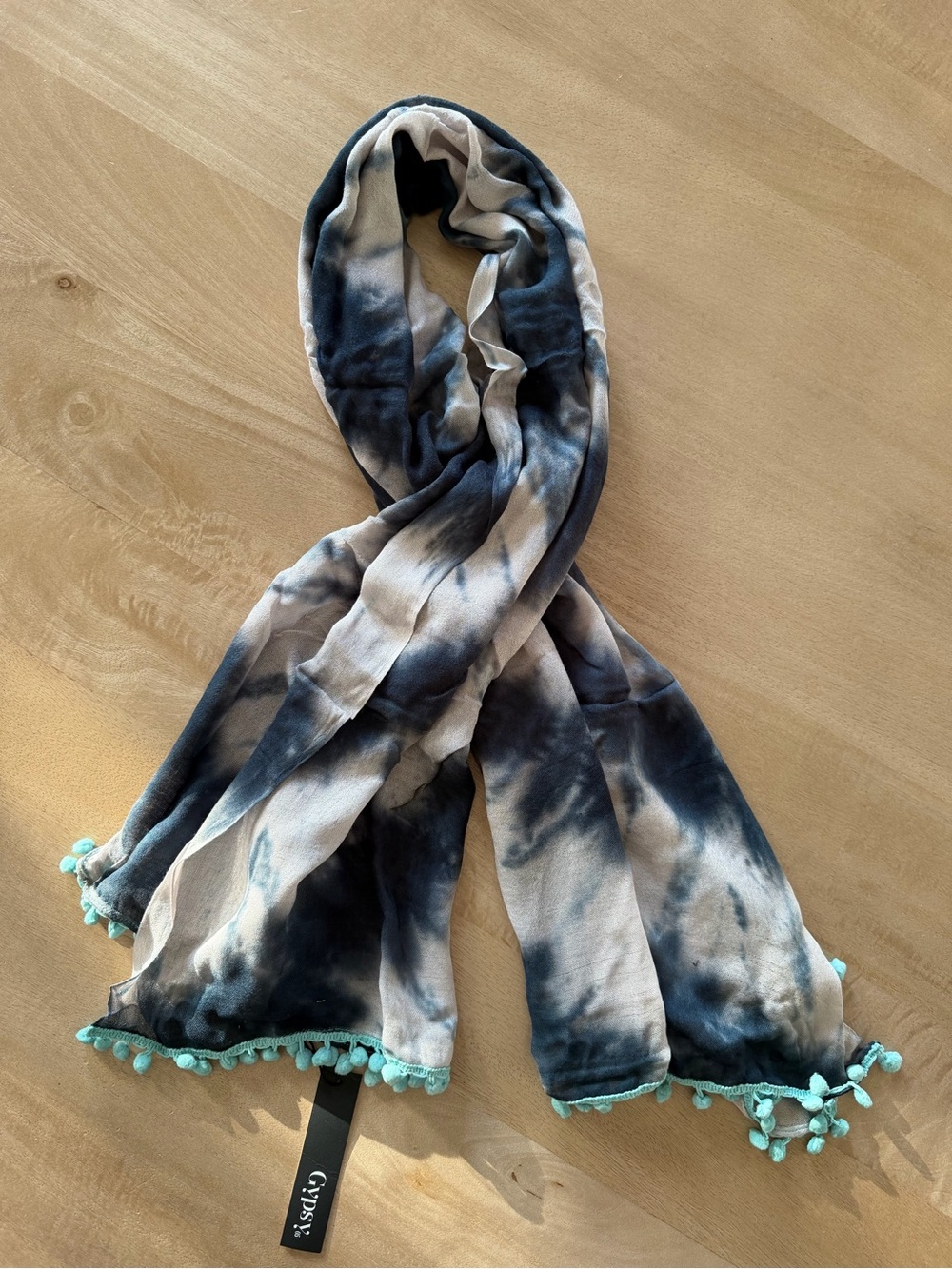 Gypsy 05 Teal Tie-Dye Scarf with Teal Pom Fringe
